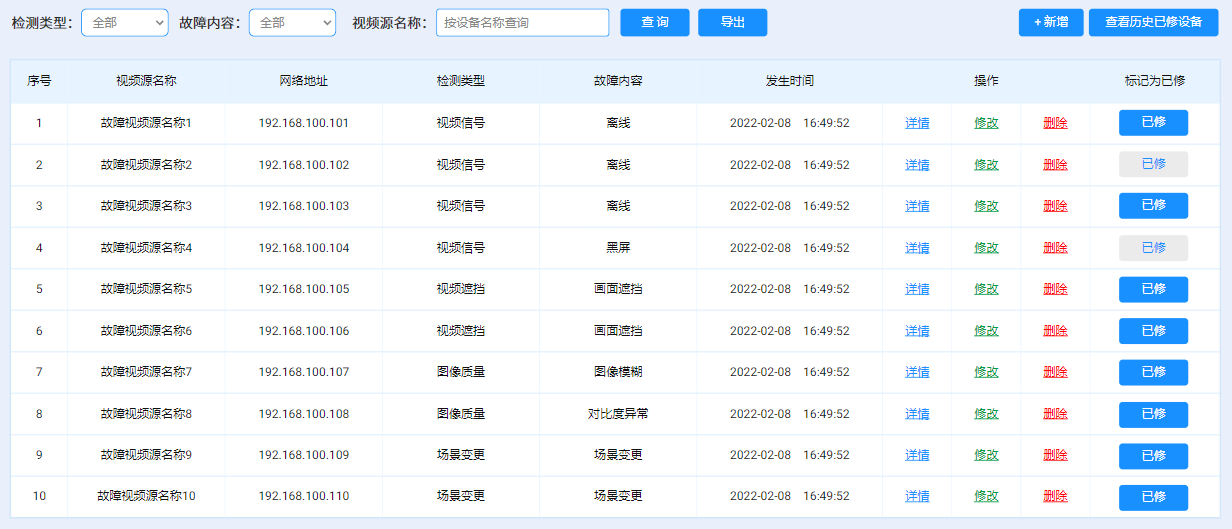 維修入庫過程管理攝像頭維修閉環(huán)管理故障解決進(jìn)展自動(dòng)跟蹤